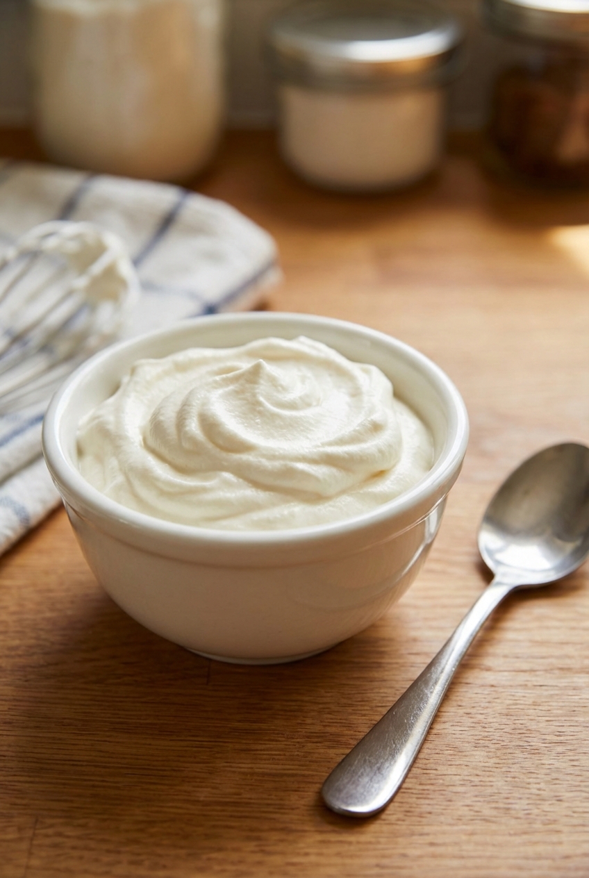 A small bowl of whipped cream with soft peaks and a spoon resting beside it
