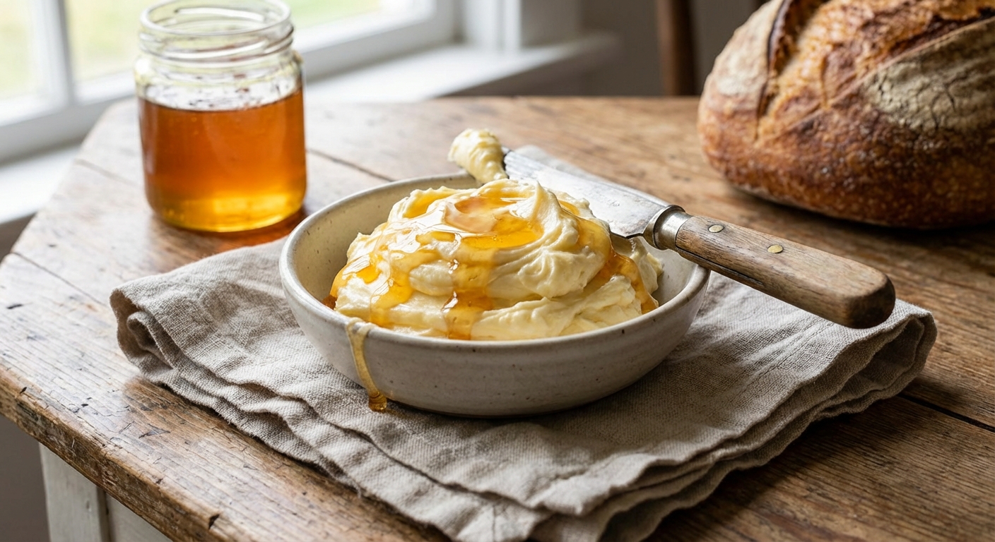 A small bowl of whipped honey butter with a butter knife, honey drizzled on top, linen napkin underneath, photorealistic food photography