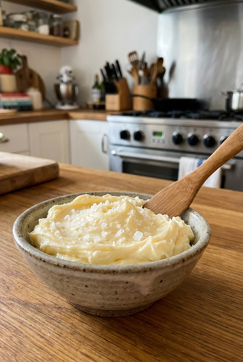 A small bowl of whipped honey butter with flaky salt