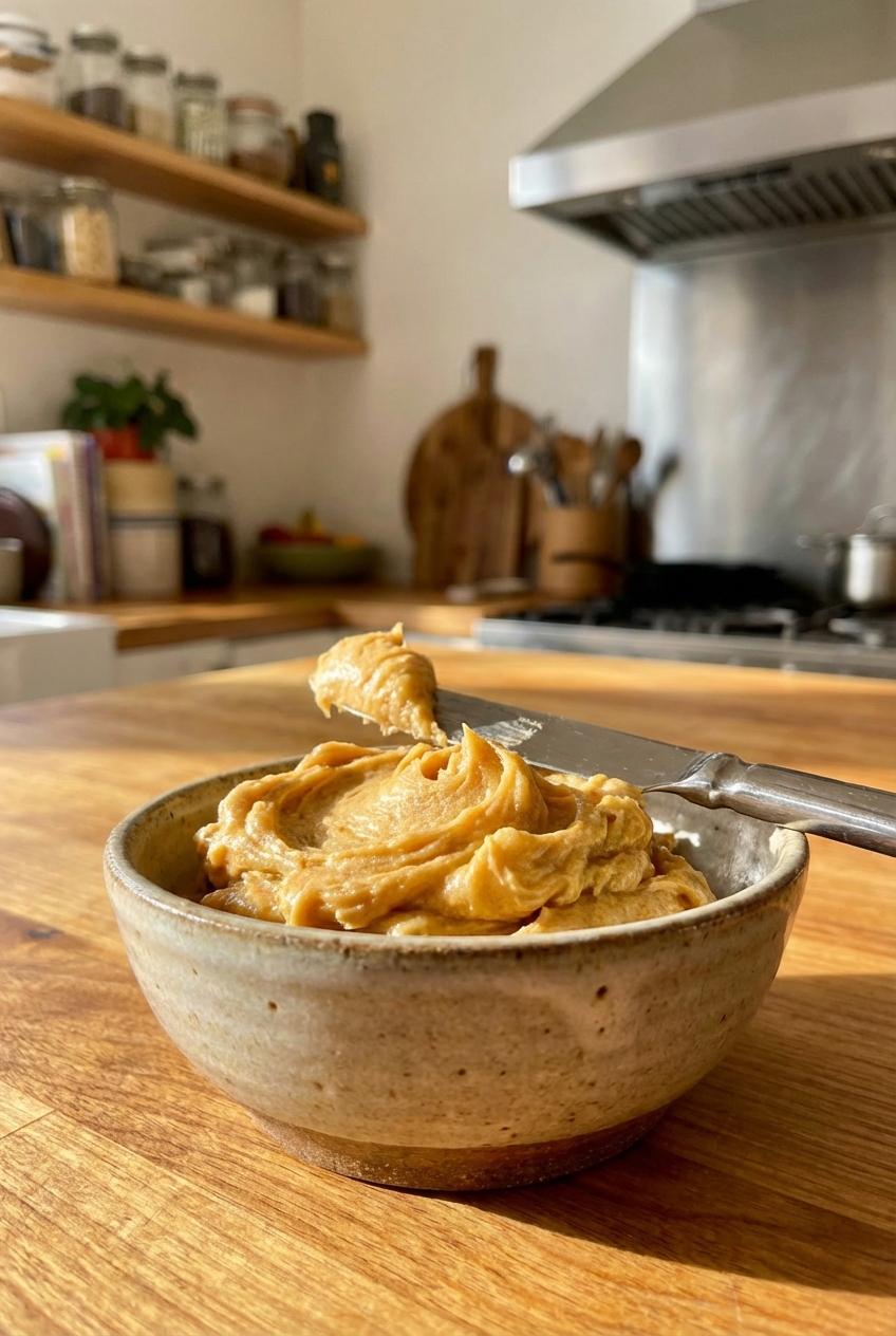 A small bowl of whipped maple butter with a butter knife