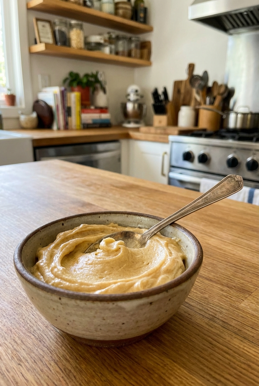 A small bowl of whipped maple butter with a spoon