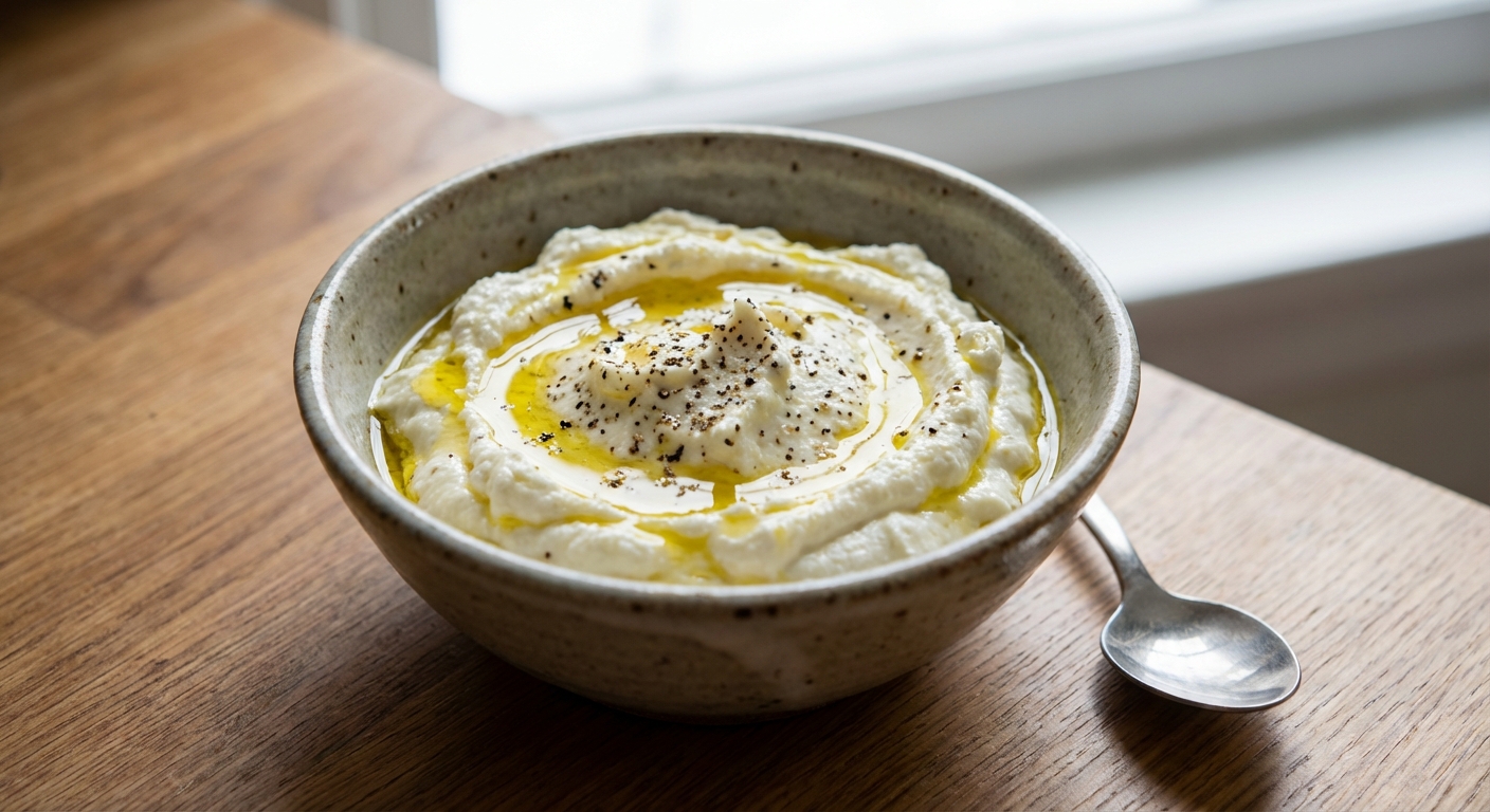 A small bowl of whipped ricotta with olive oil and cracked black pepper on top