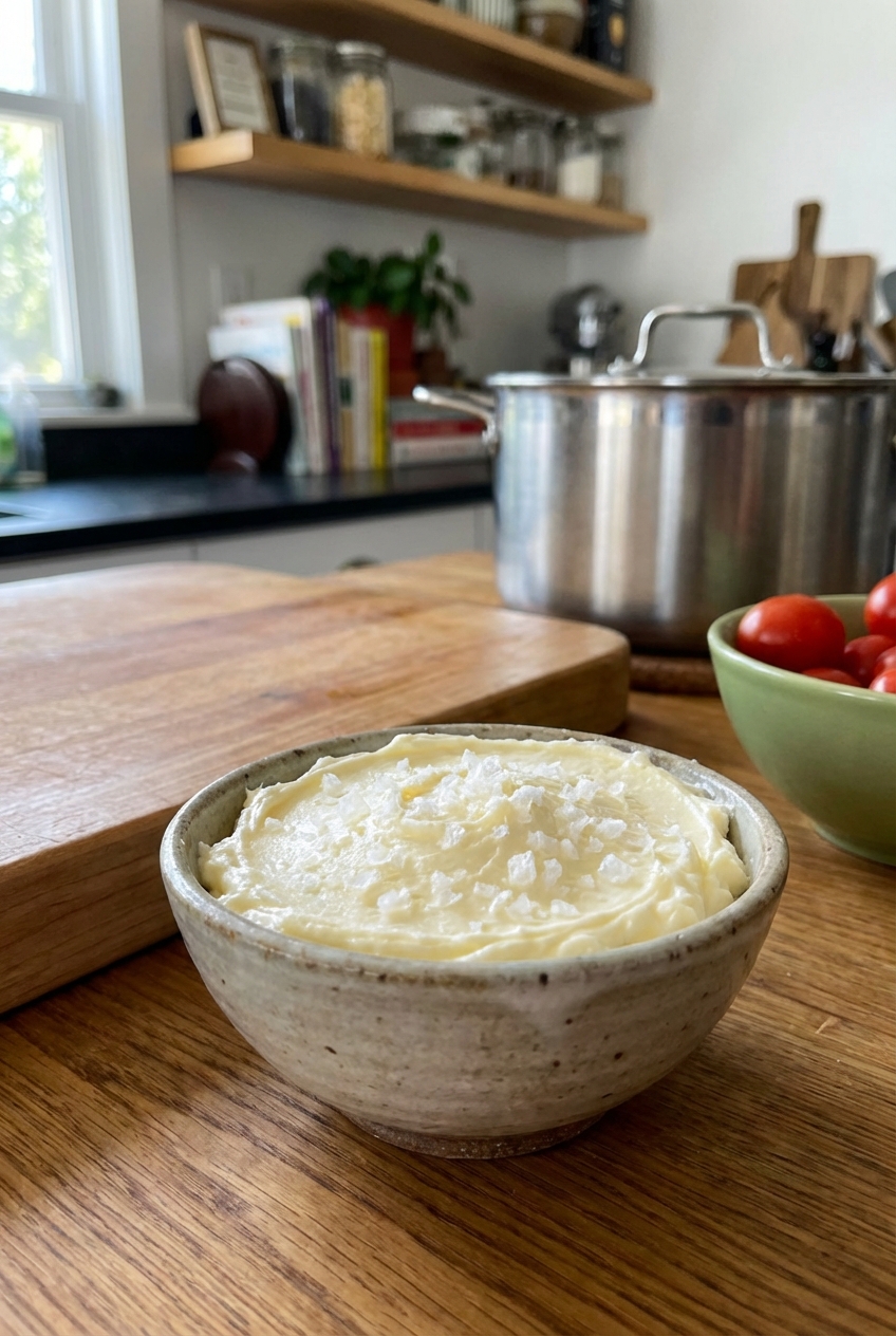 A small bowl of whipped salted butter with flaky salt on top on a kitchen counter