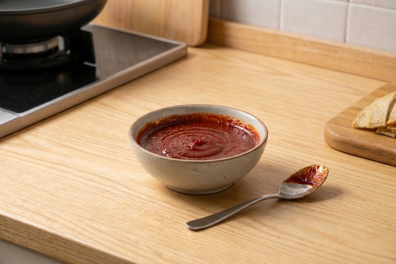 A small bowl of whisked gochujang sauce with a spoon resting beside it on a kitchen counter