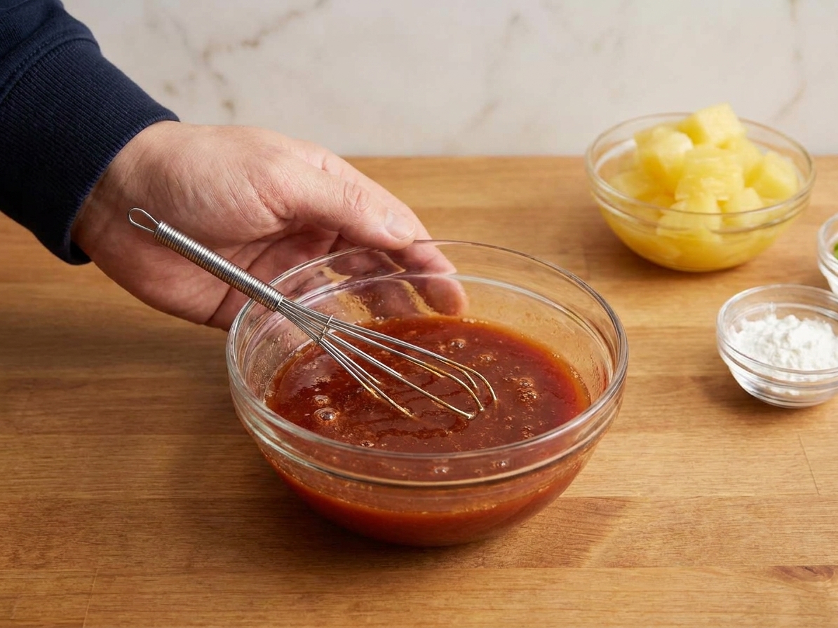 A small bowl of whisked sweet and sour sauce base with ketchup, vinegar, and soy sauce on a wooden counter