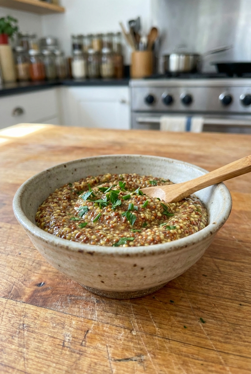 A small bowl of whole grain mustard dip with herbs