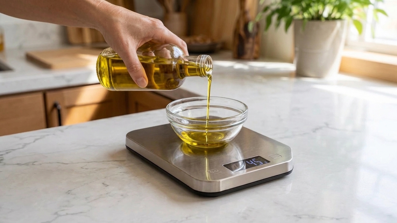 A small bowl on a digital kitchen scale while olive oil is being poured in, on a clean home kitchen counter