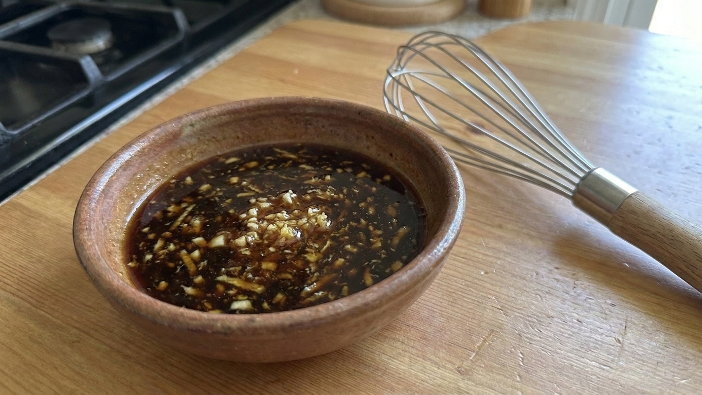 A small bowl on a kitchen counter filled with a glossy soy-ginger sauce mixture with visible grated ginger and minced garlic beside a whisk