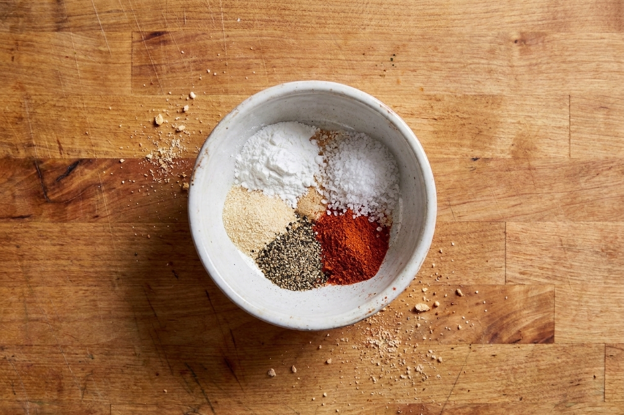 A small bowl on a kitchen counter holding baking powder, kosher salt, garlic powder, black pepper, and smoked paprika