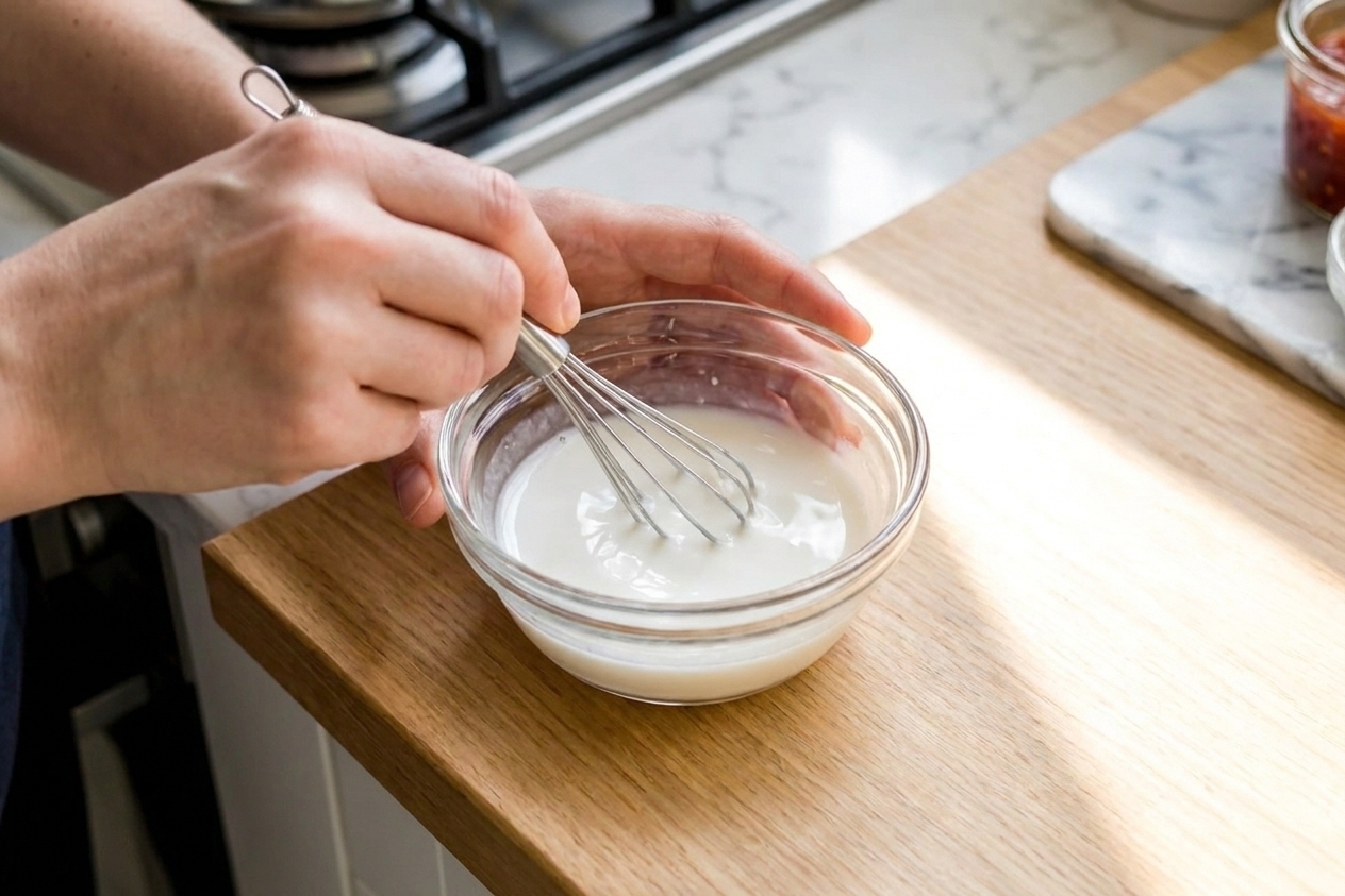 A small bowl on a kitchen counter with cornstarch slurry being whisked until smooth
