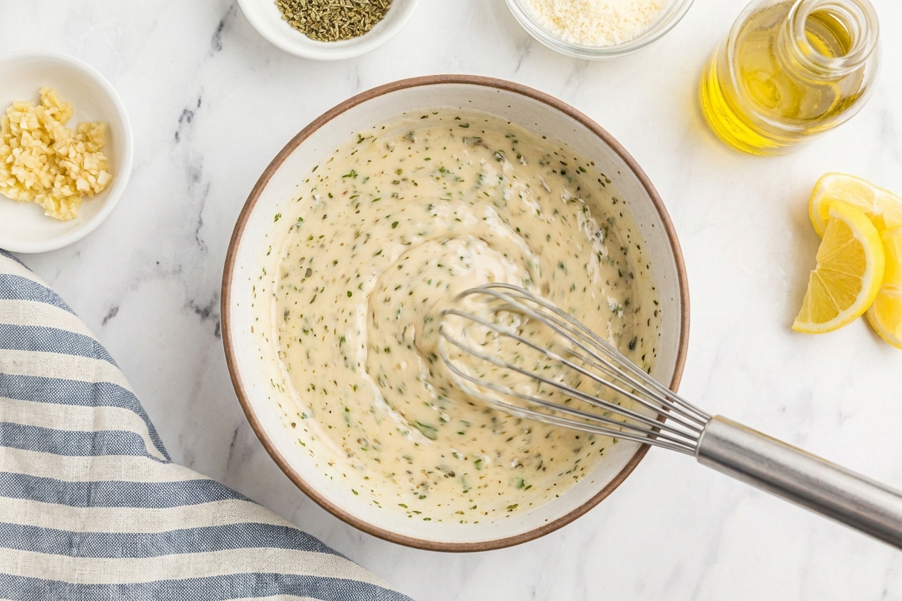 A small bowl on a kitchen counter with creamy Italian dressing being whisked smooth, with herb flecks visible throughout