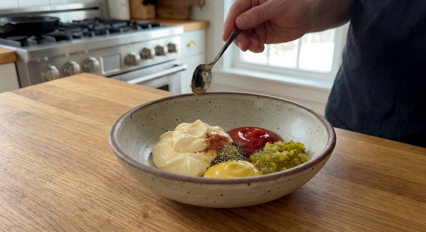 A small bowl on a kitchen counter with mayonnaise, ketchup, mustard, pickle relish, and spices measured out for burger sauce