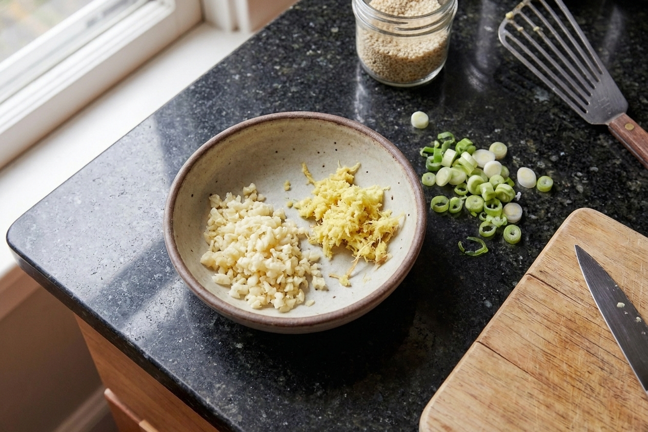 A small bowl on a kitchen counter with minced garlic and freshly grated ginger side by side, with sliced scallions nearby