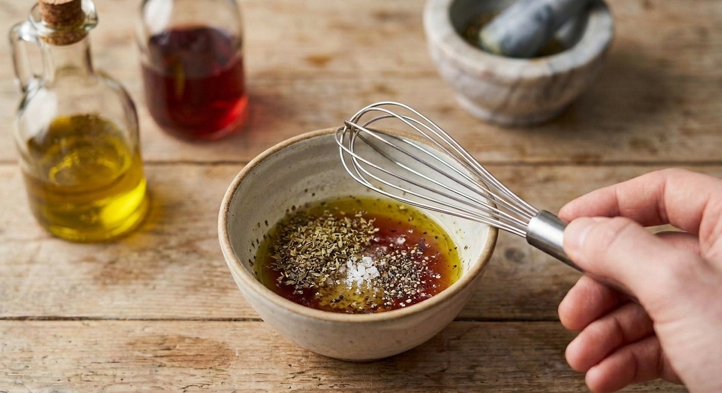 A small bowl on a kitchen counter with olive oil, red wine vinegar, dried oregano, salt, and black pepper ready to be whisked into vinaigrette