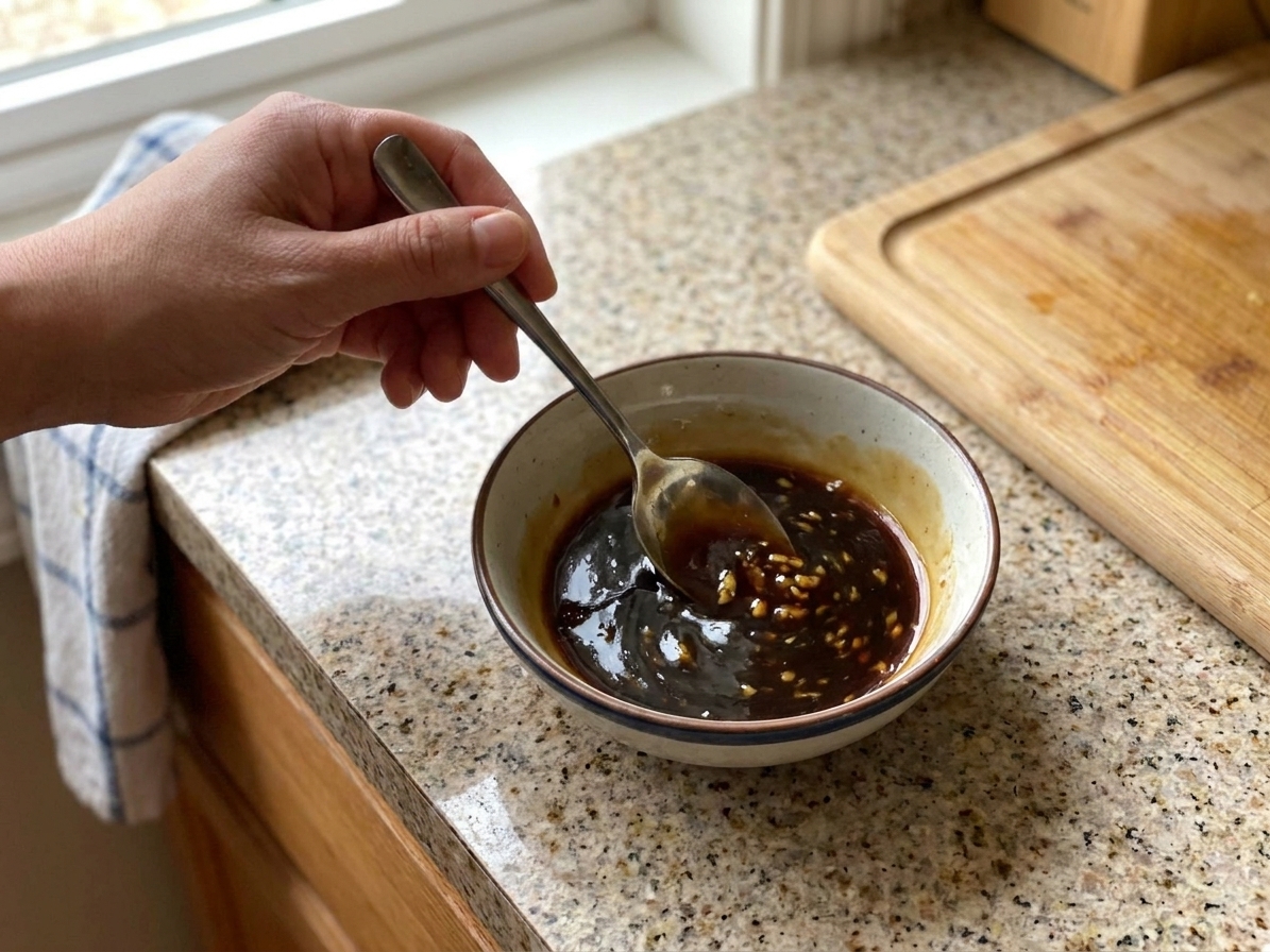 A small bowl on a kitchen counter with oyster sauce, soy sauce, and broth being stirred together with a spoon
