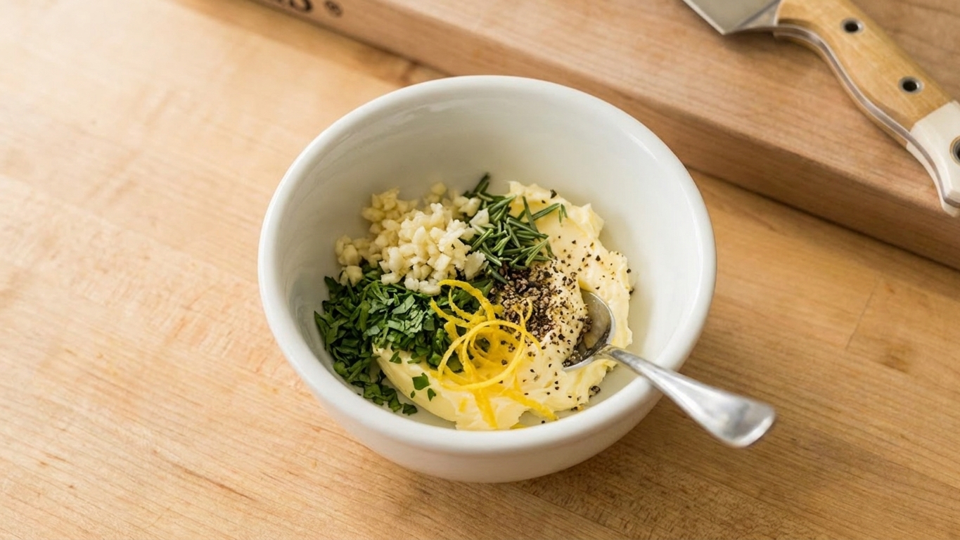 A small bowl on a kitchen counter with softened butter, minced garlic, chopped parsley, rosemary, lemon zest, and black pepper ready to be mixed