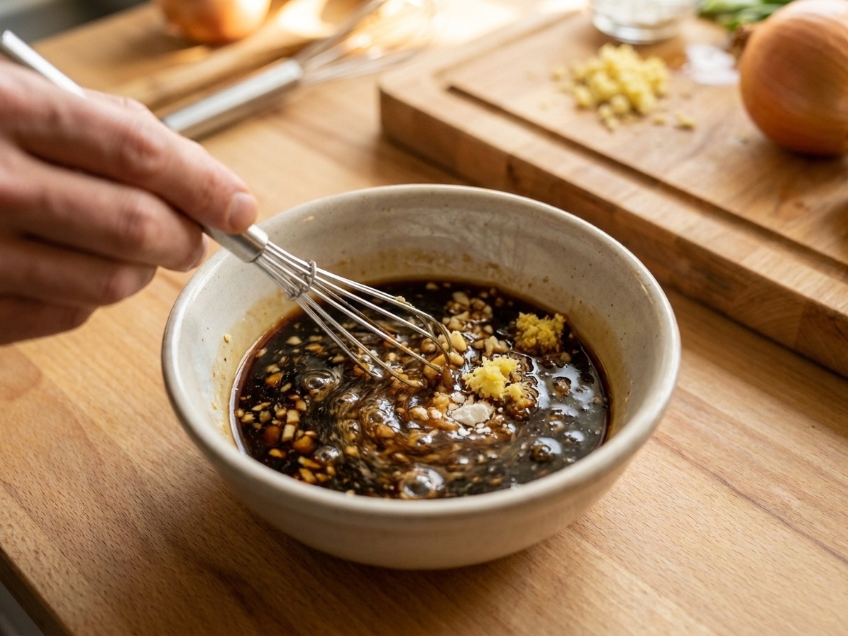 A small bowl on a kitchen counter with soy sauce, minced garlic, grated ginger, and cornstarch being whisked into a glossy stir fry sauce