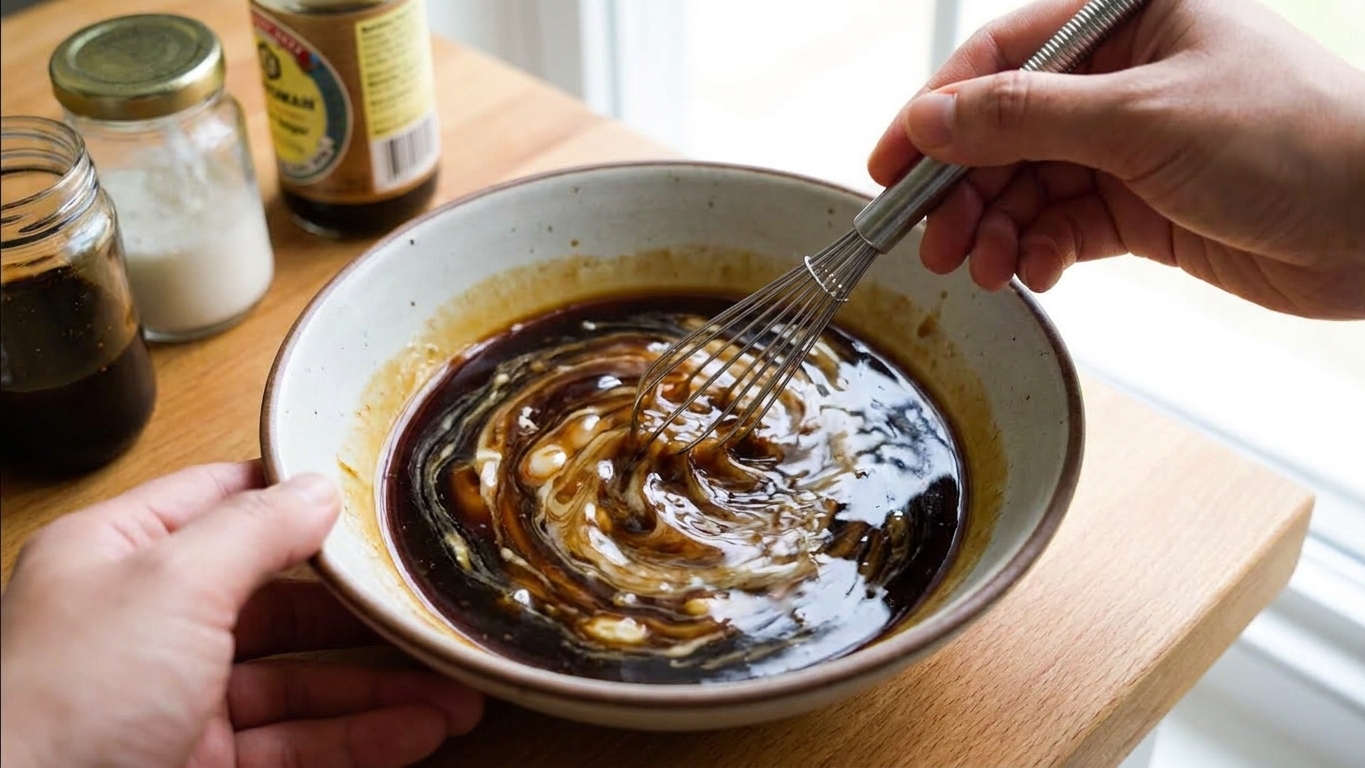 A small bowl on a kitchen counter with soy sauce, oyster sauce, sesame oil, vinegar, cornstarch, and water being whisked together for chaomin