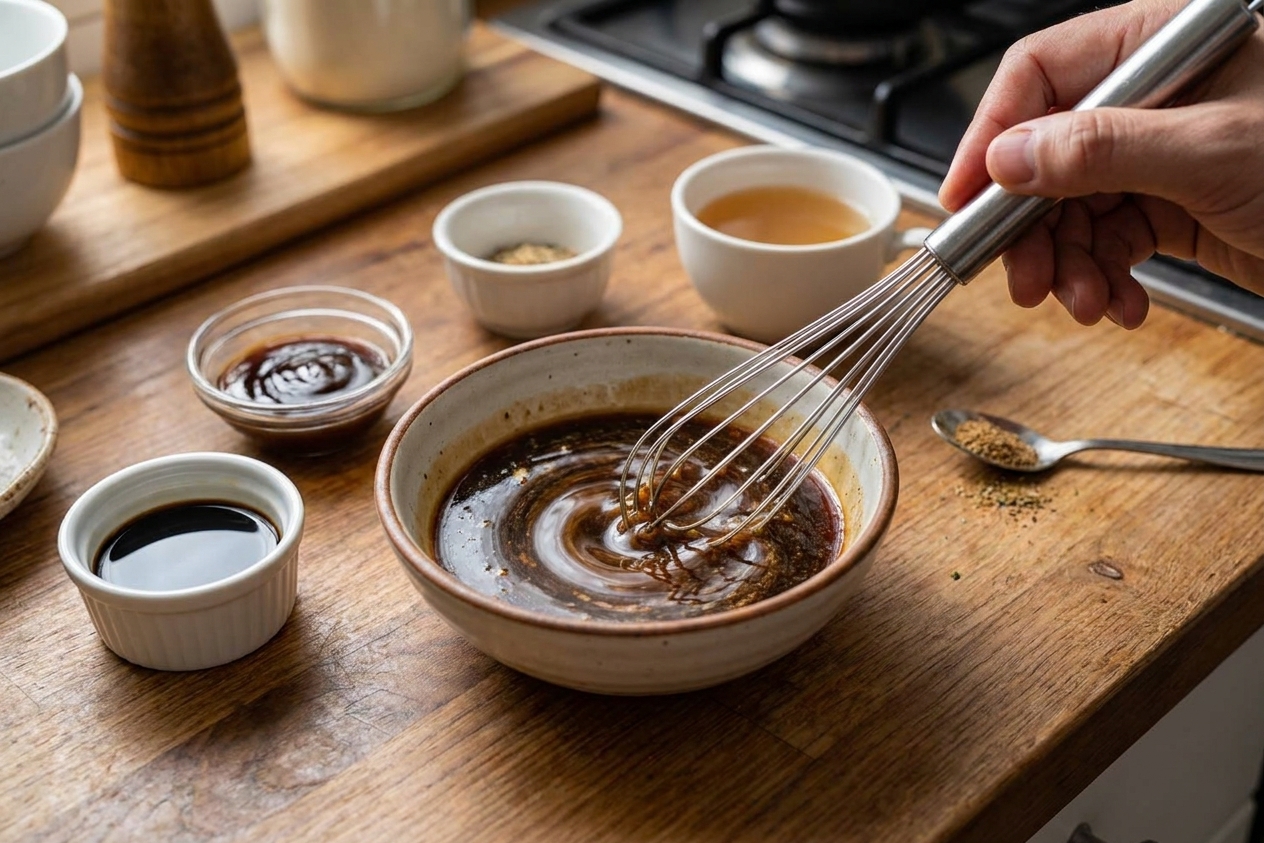 A small bowl on a kitchen counter with soy sauce, oyster sauce, broth, and seasonings being whisked together for pancit canton sauce