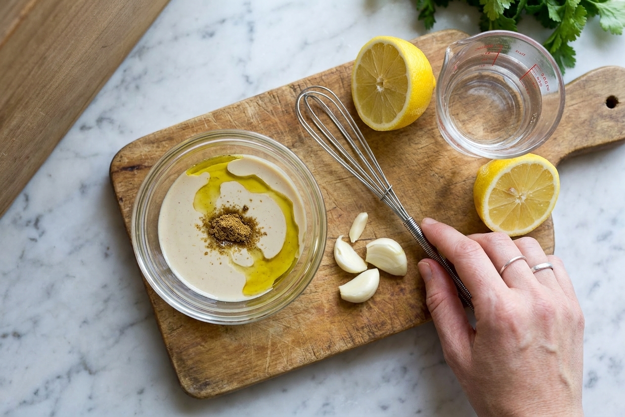 A small bowl on a kitchen counter with tahini, lemon halves, garlic, cumin, olive oil, and warm water ready to be whisked into dressing