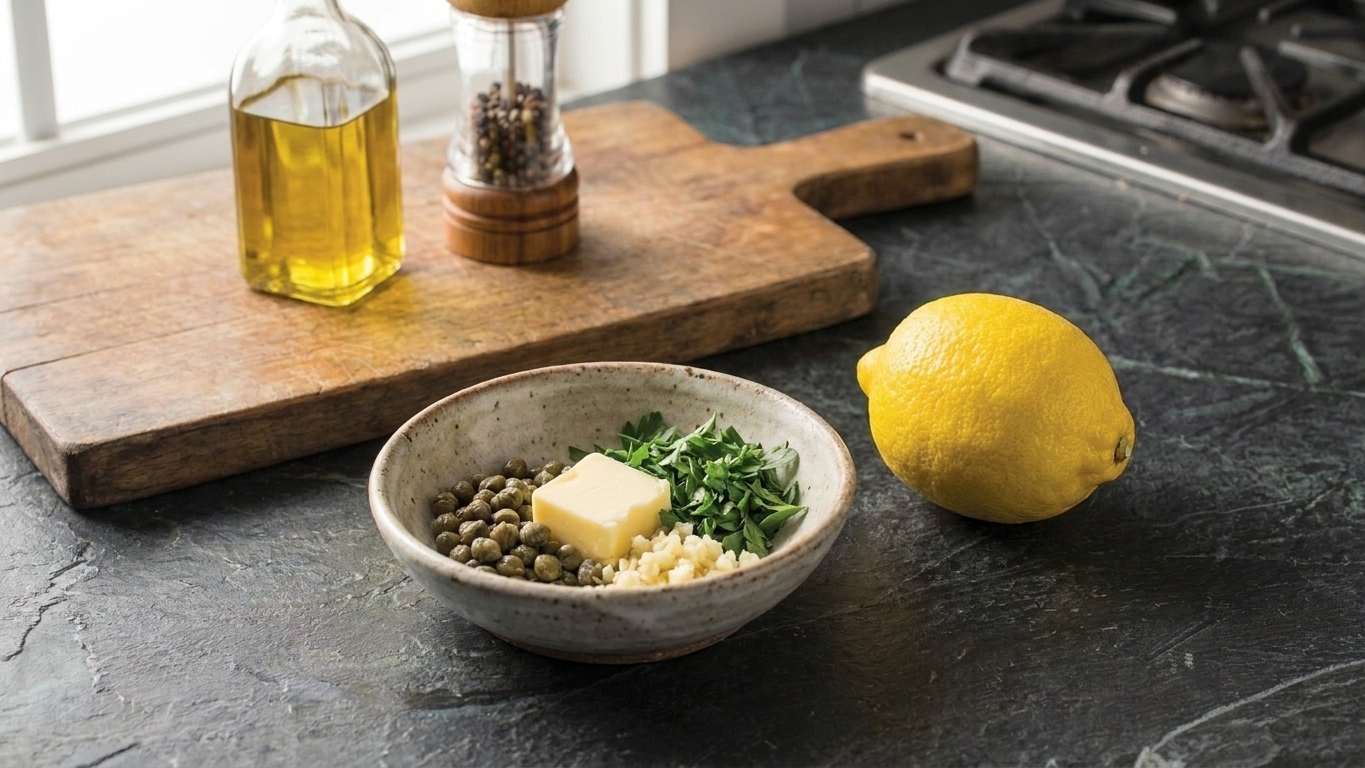 A small bowl setup with capers, butter, minced garlic, chopped parsley, and a whole lemon on a clean kitchen counter ready for cooking