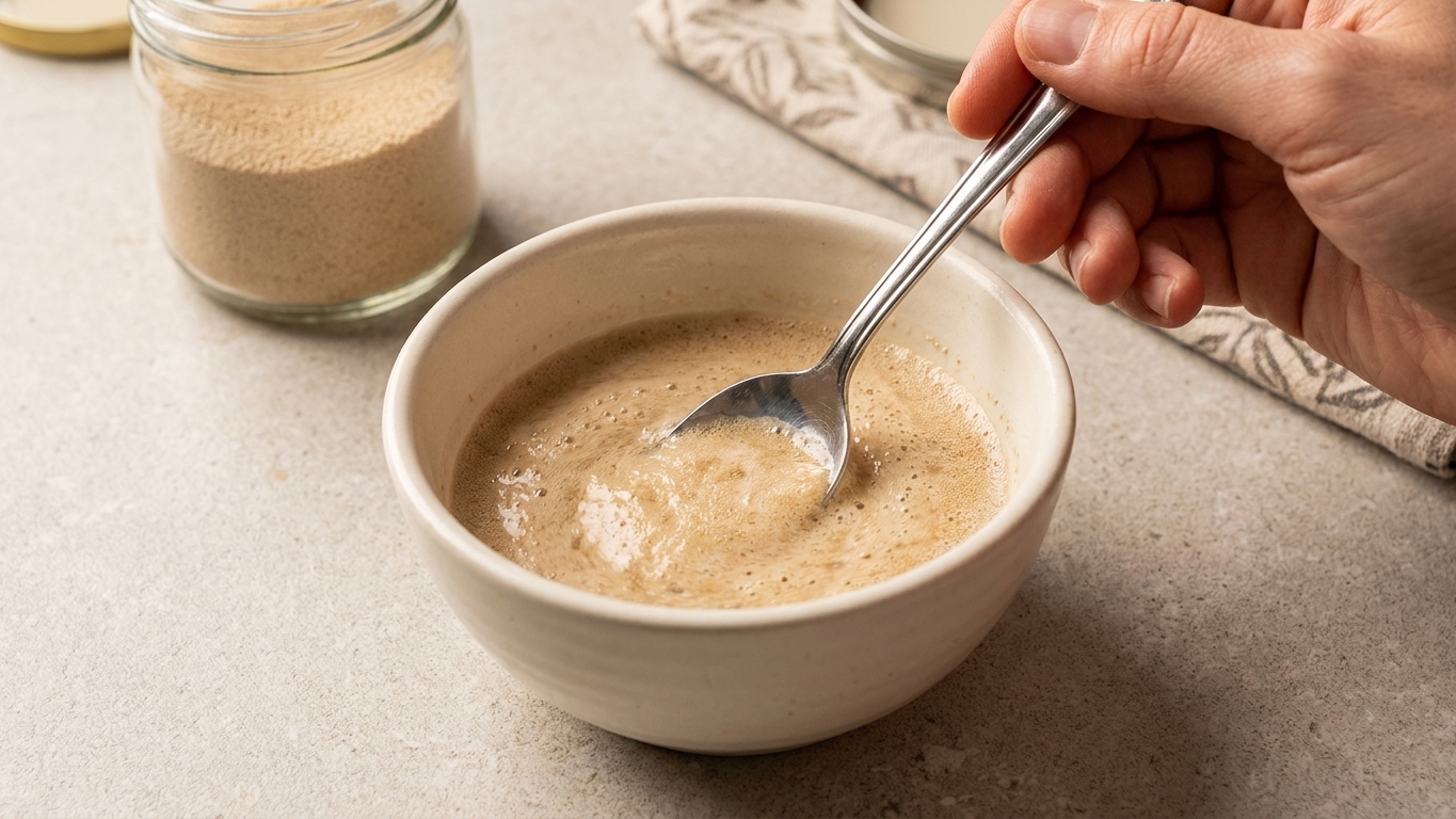 A small bowl with active dry yeast being mixed with warm water using a spoon on a kitchen counter