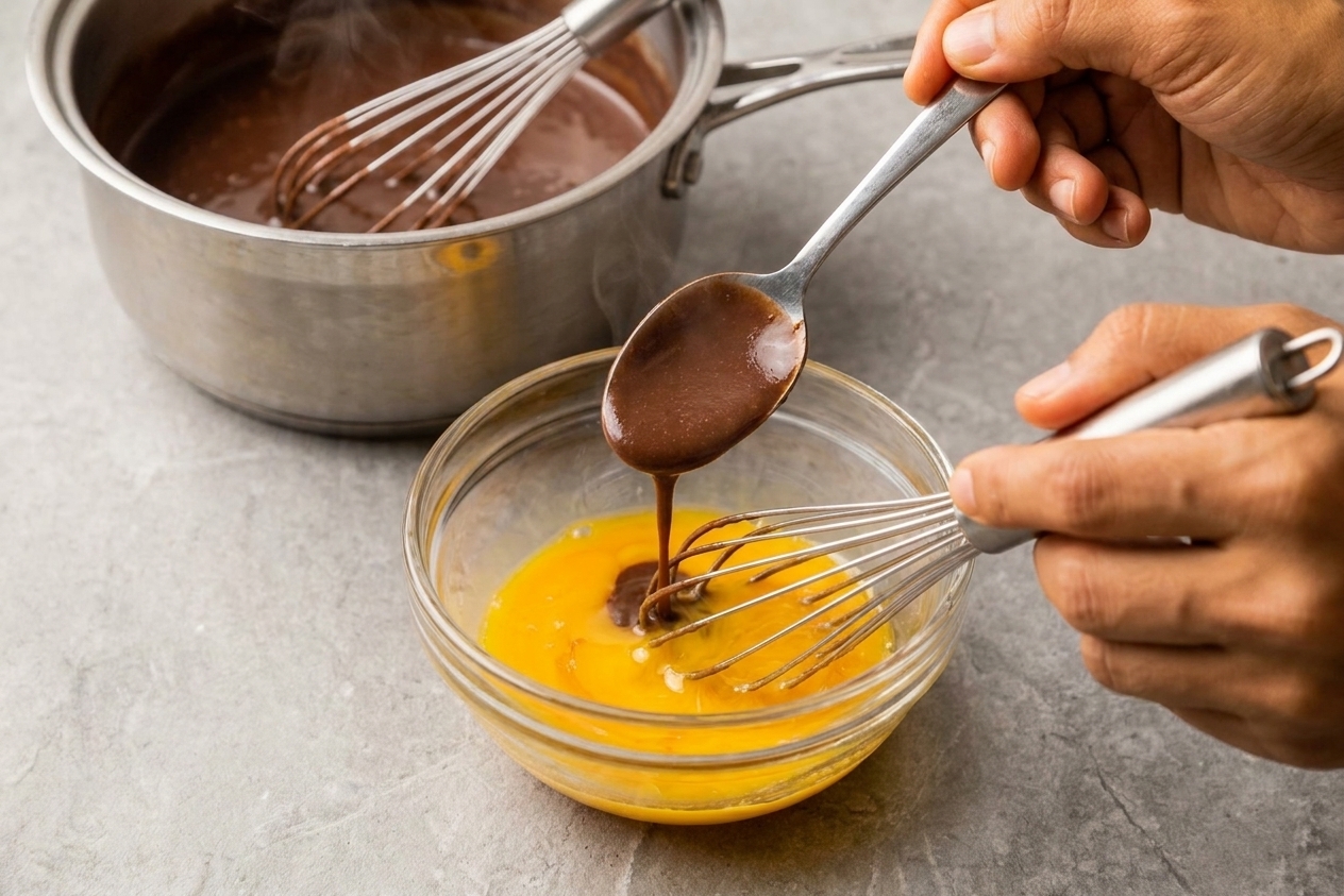 A small bowl with an egg yolk being whisked while a spoonful of hot chocolate pudding is added to temper it on a kitchen counter.