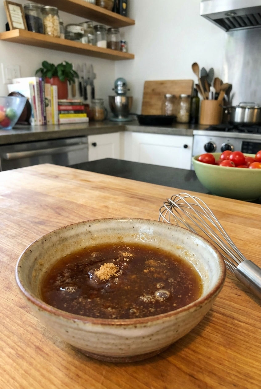 A small bowl with apple cider vinegar and brown sugar mixed for a glaze
