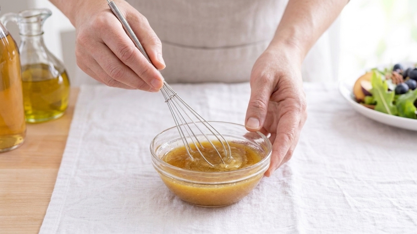 A small bowl with apple cider vinegar, honey, and Dijon being whisked together on a kitchen counter