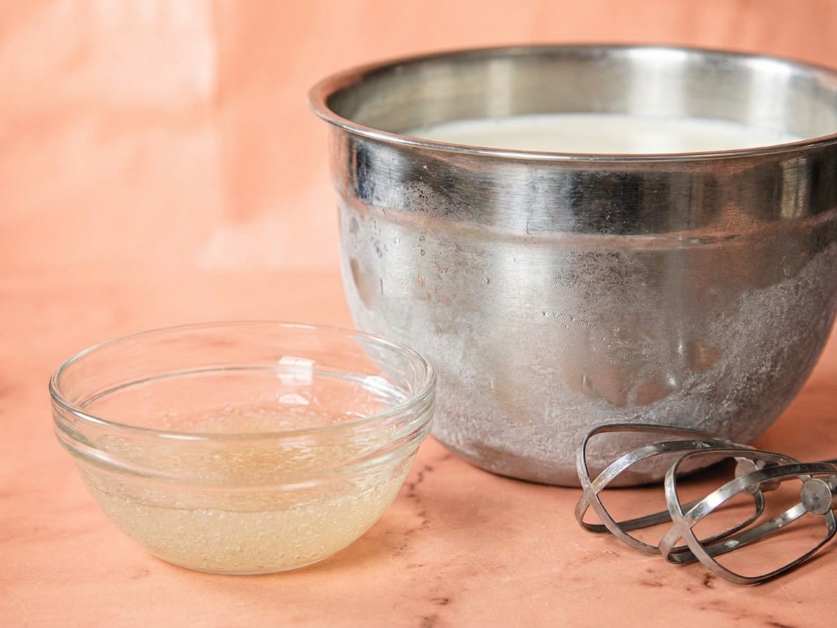 A small bowl with bloomed gelatin and water on a kitchen counter next to a mixing bowl of cold heavy cream