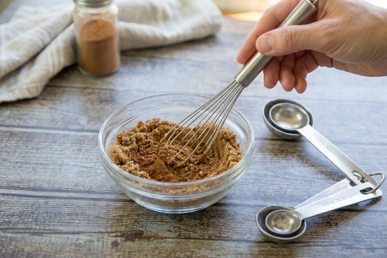 A small bowl with brown sugar and cinnamon being stirred together on a kitchen counter with measuring spoons nearby