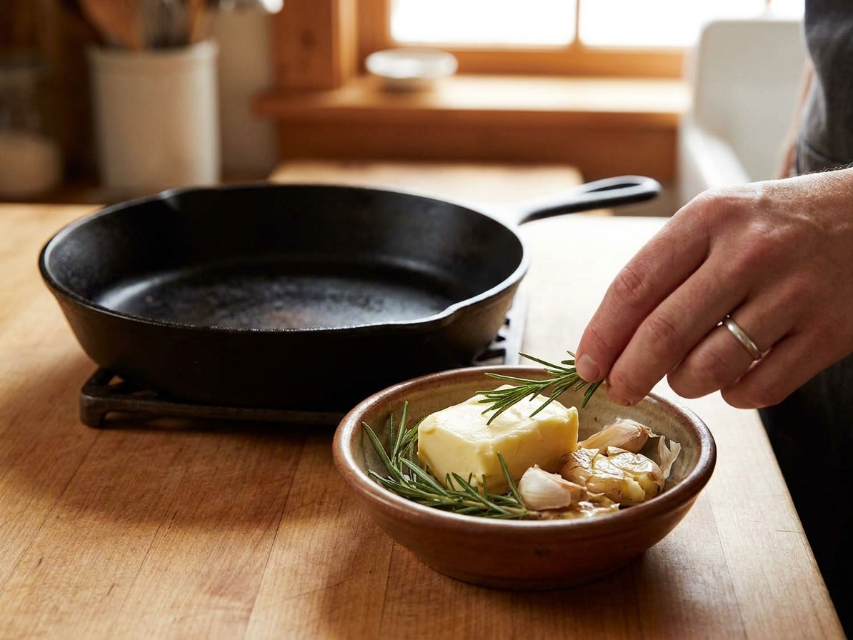 A small bowl with butter, smashed garlic cloves, and fresh rosemary on a kitchen counter next to a cast iron skillet