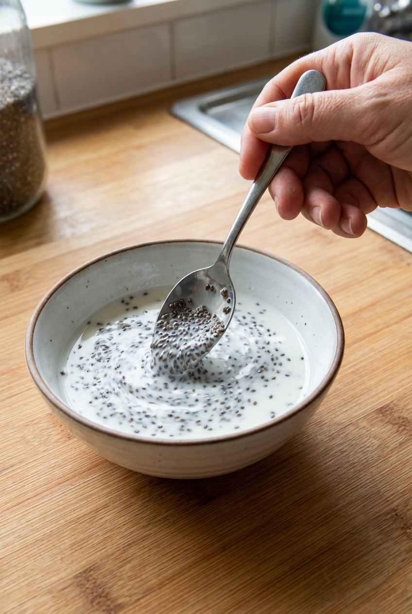 A small bowl with chia seeds being stirred into milk with a spoon