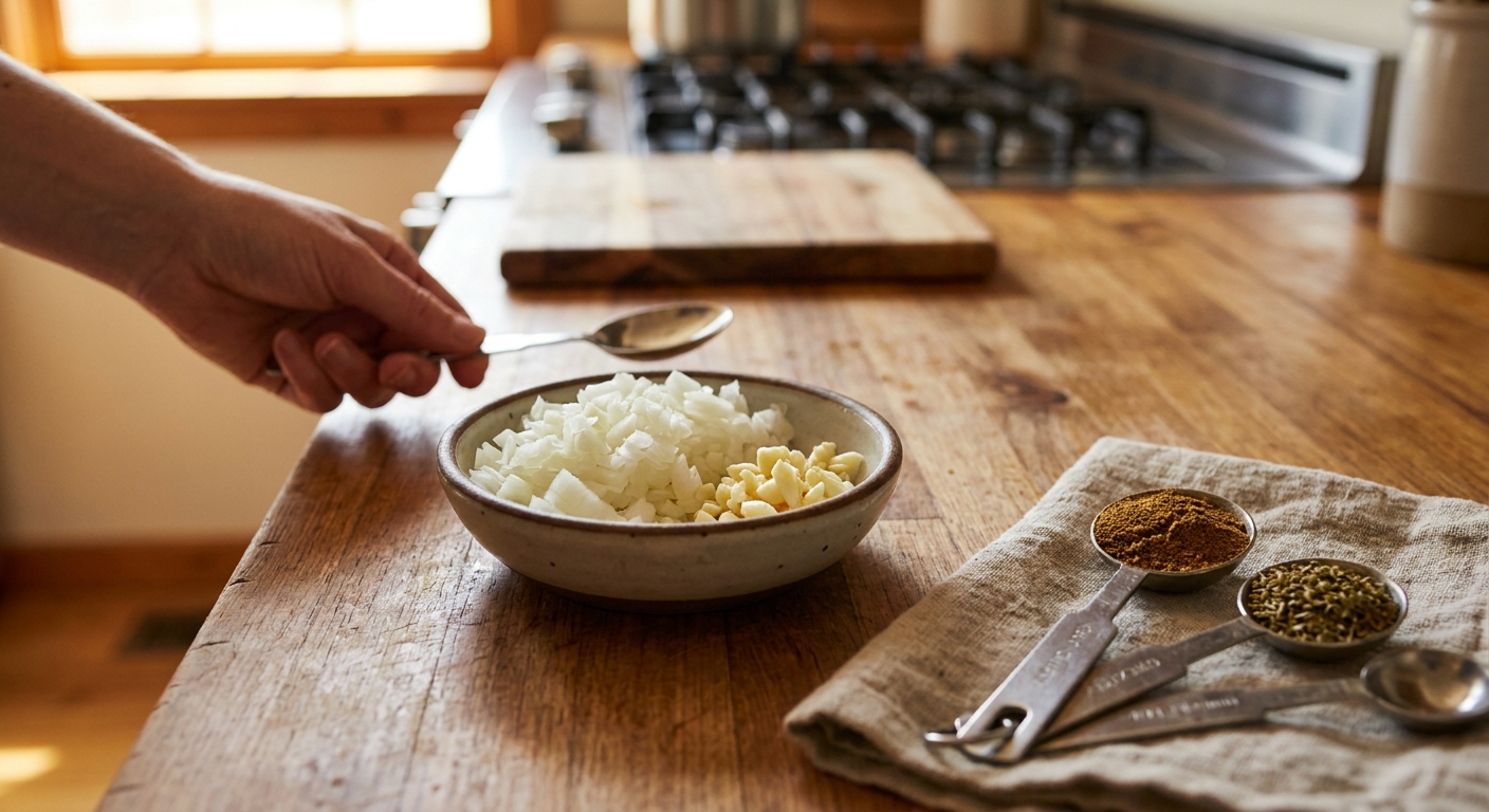 A small bowl with chopped onion and minced garlic beside measuring spoons of cumin and oregano on a kitchen counter