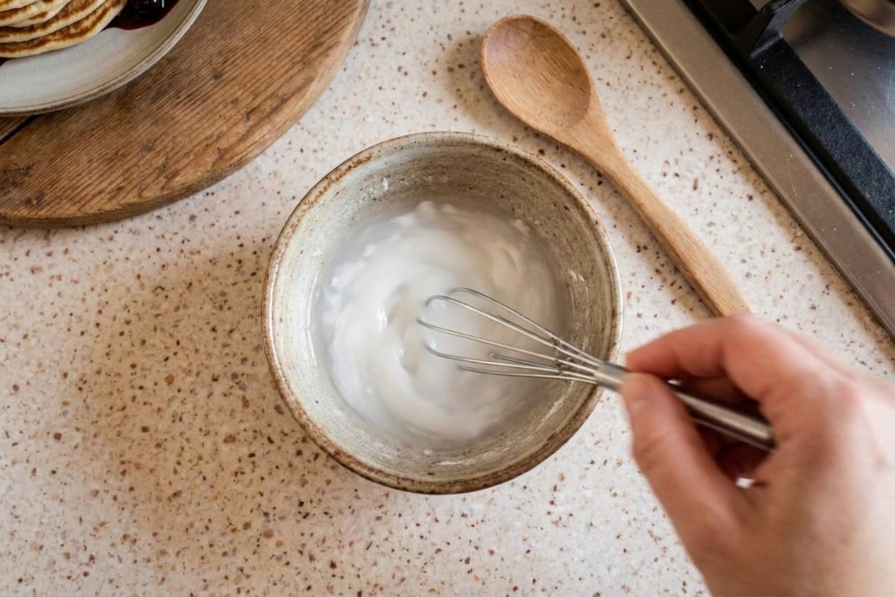 A small bowl with cornstarch and cold water being whisked into a smooth slurry on a kitchen counter