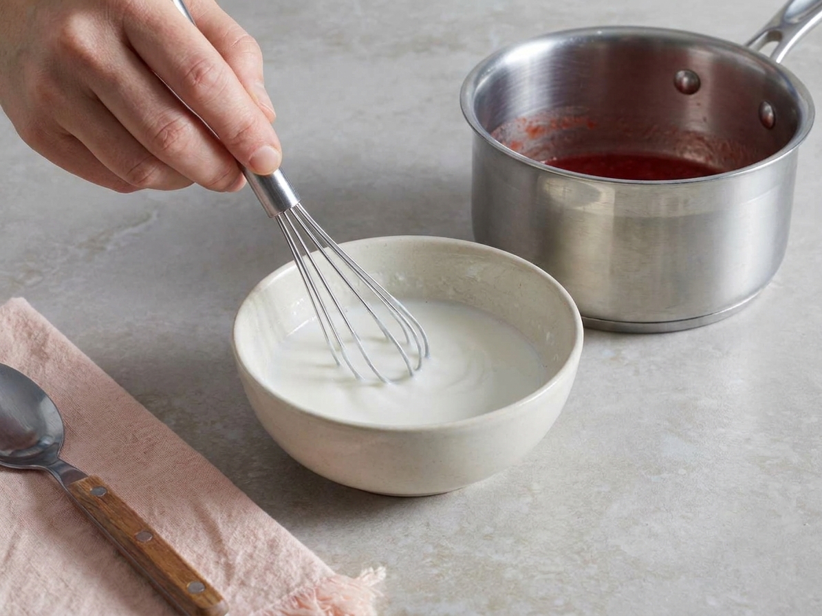 A small bowl with cornstarch and water being whisked into a smooth slurry on a kitchen counter beside a saucepan