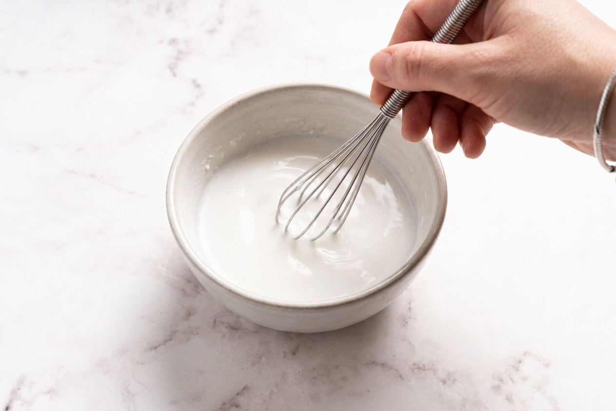 A small bowl with cornstarch and water being whisked into a smooth slurry on a kitchen counter