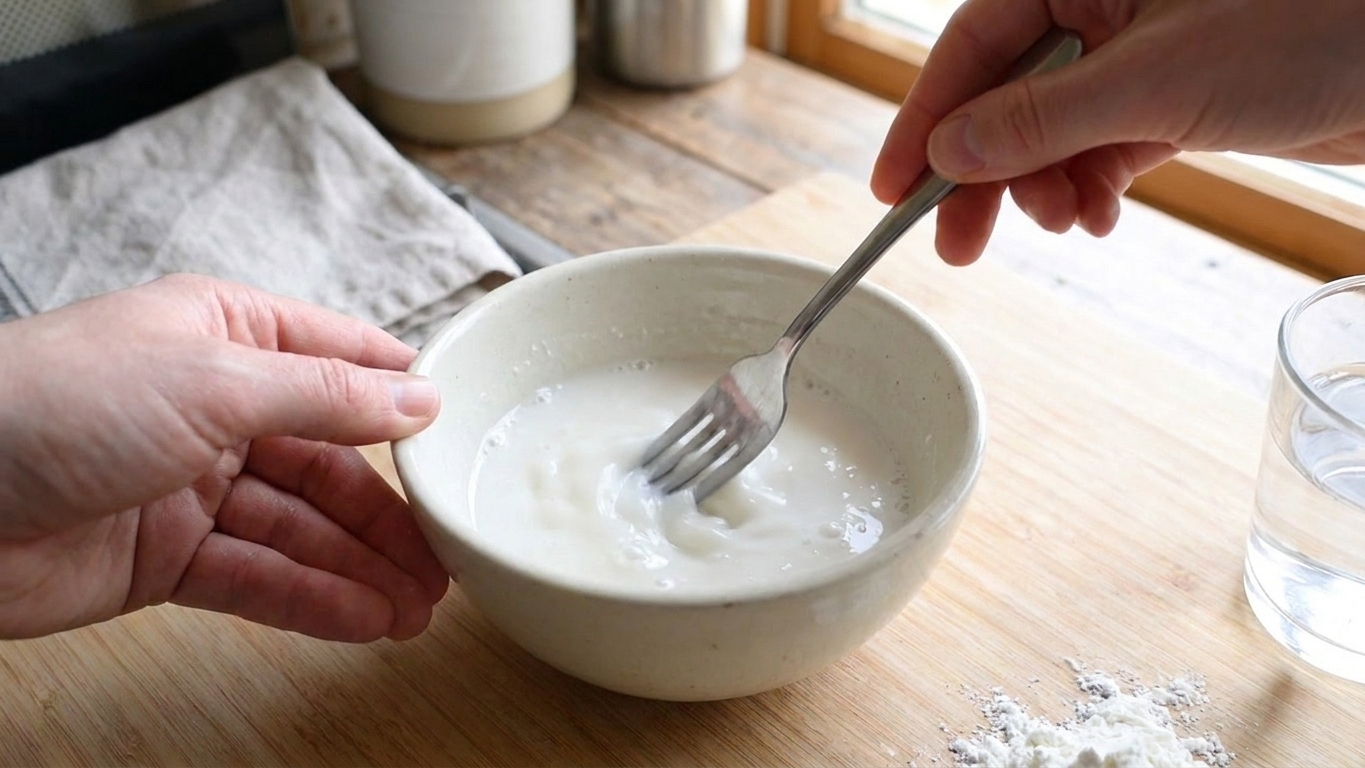 A small bowl with cornstarch slurry being whisked with a fork on a kitchen counter