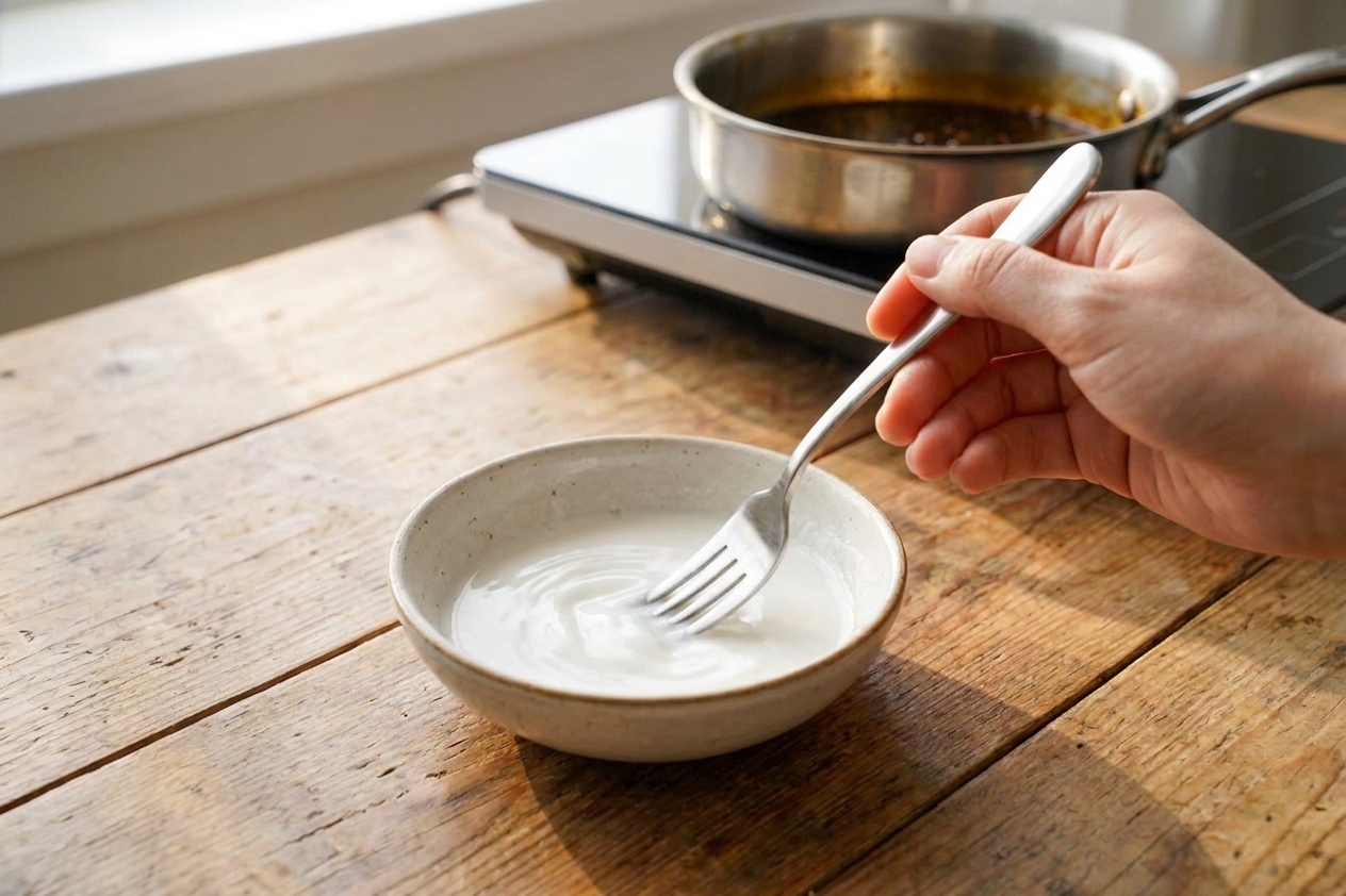 A small bowl with cornstarch slurry being whisked with a fork on a kitchen counter next to a saucepan