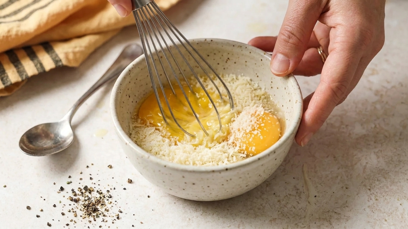 A small bowl with eggs being whisked together with grated Parmesan, sitting on a kitchen counter next to a spoon and pepper