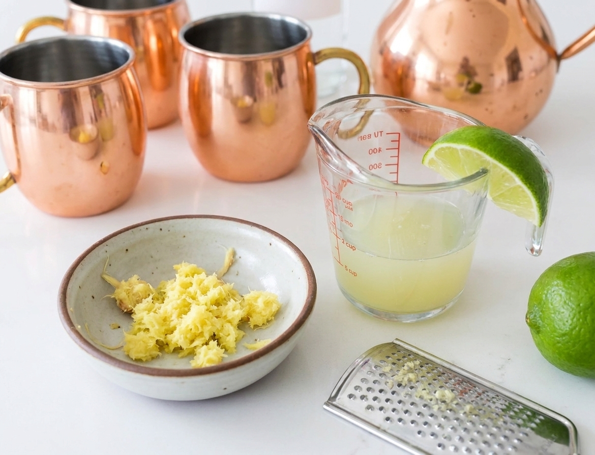 A small bowl with freshly grated ginger next to a measuring cup of fresh lime juice on a kitchen counter