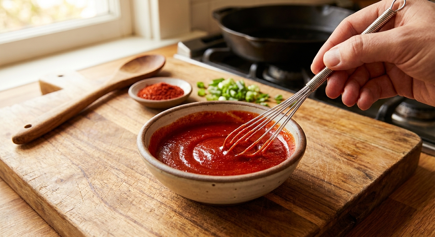 A small bowl with gochujang sauce being whisked until smooth on a wooden cutting board