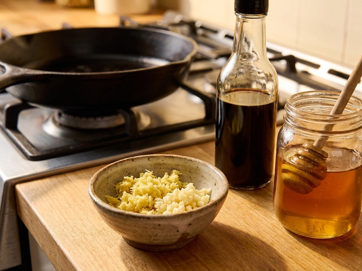 A small bowl with grated garlic and ginger next to soy sauce and honey on a kitchen counter