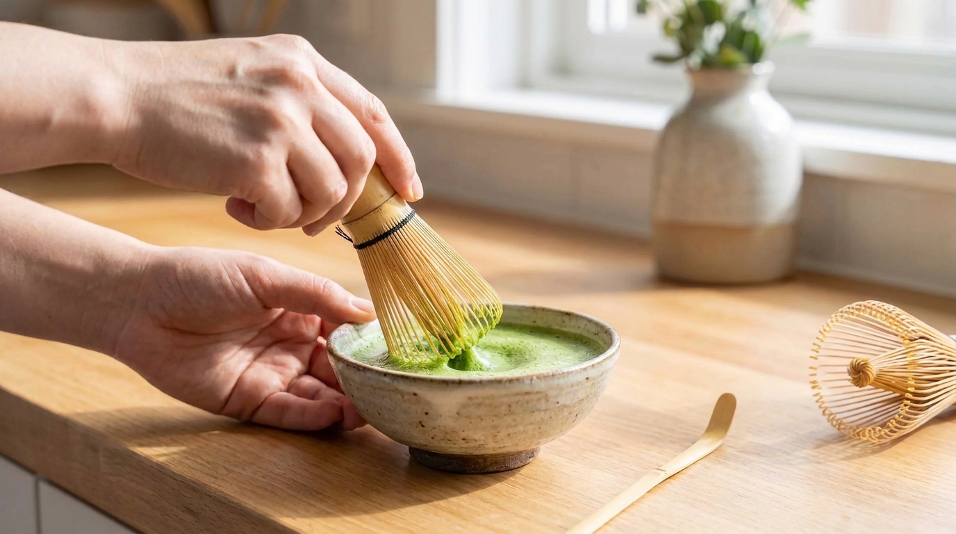 A small bowl with matcha powder being whisked with warm water using a bamboo whisk on a kitchen counter