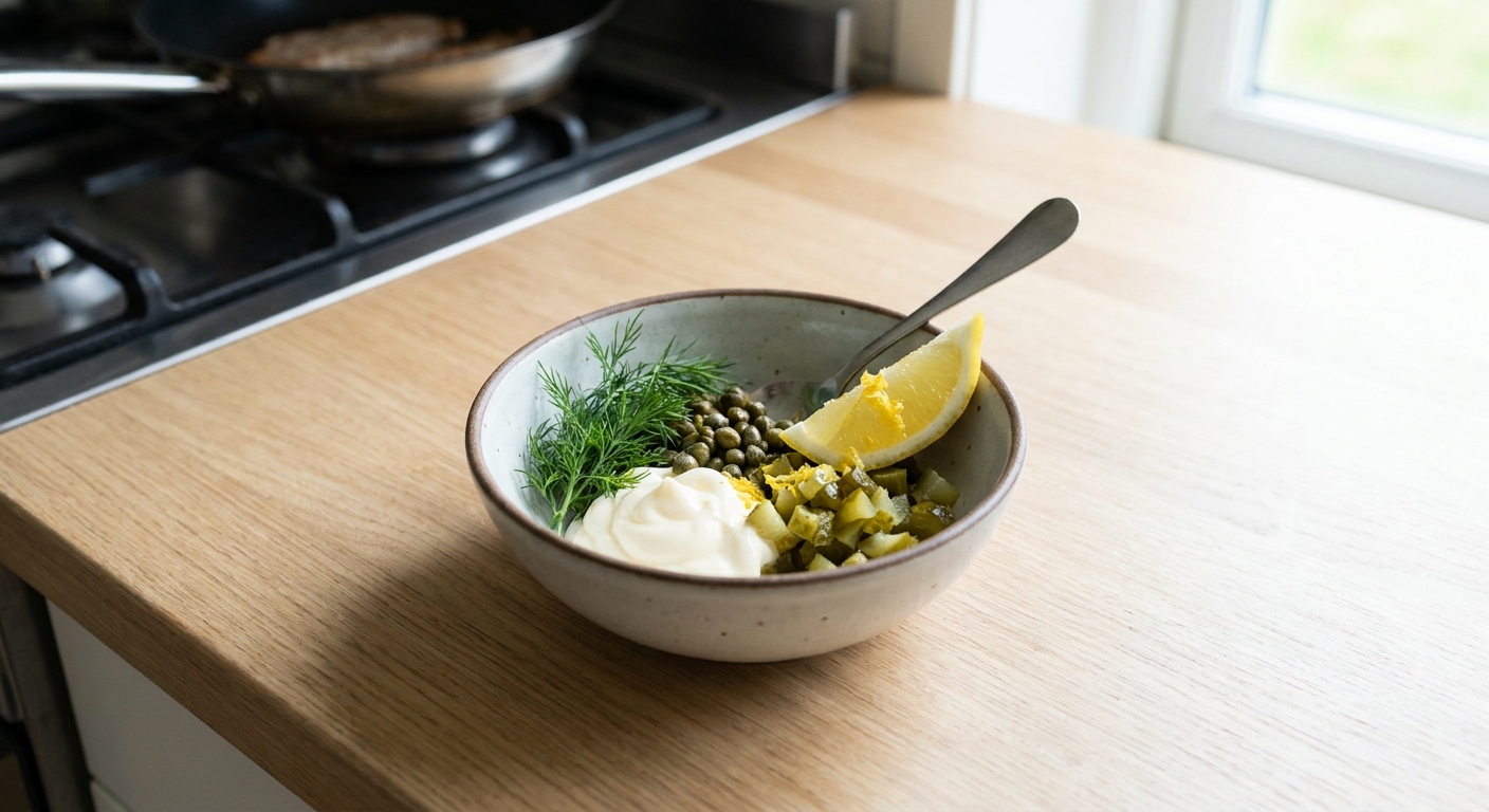 A small bowl with mayonnaise, chopped pickles, capers, herbs, and lemon ready to be mixed into tartar sauce on a kitchen counter