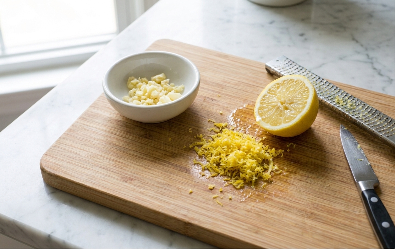 A small bowl with minced garlic beside freshly grated lemon zest and a halved lemon on a cutting board in a home kitchen