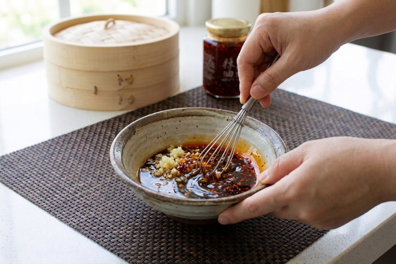 A small bowl with minced garlic, soy sauce, rice vinegar, sesame oil, and chili oil being whisked together on a stone countertop