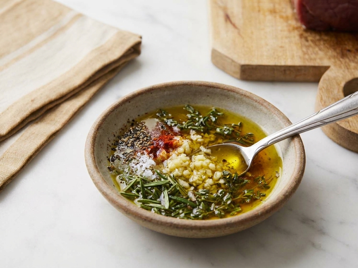 A small bowl with olive oil, minced garlic, chopped rosemary and thyme, salt, pepper, and paprika being mixed with a spoon on a kitchen counter