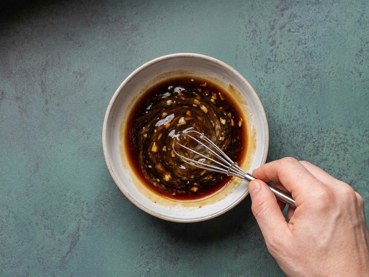 A small bowl with oyster sauce, soy sauce, and seasonings being whisked together on a kitchen counter