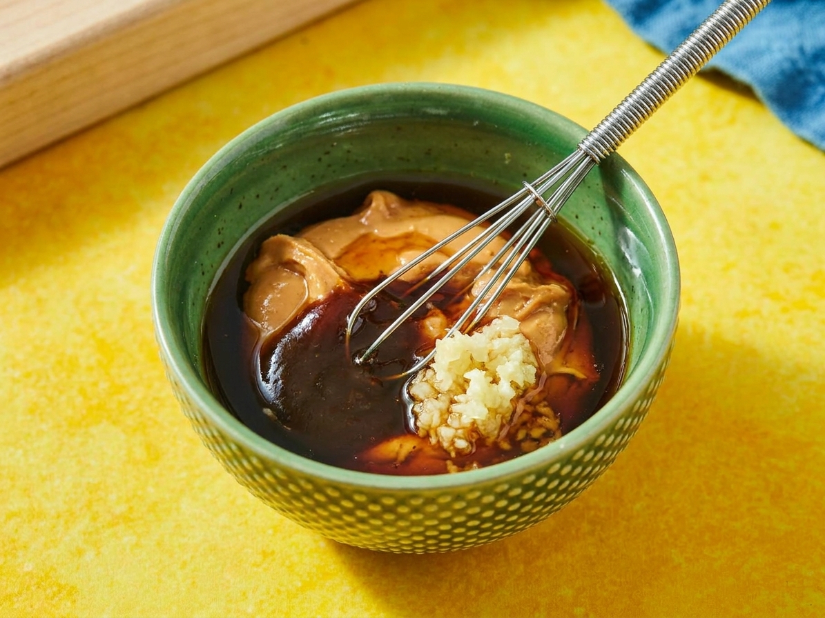 A small bowl with peanut butter, hoisin sauce, soy sauce, sesame oil, and grated garlic ready to be whisked into dipping sauce